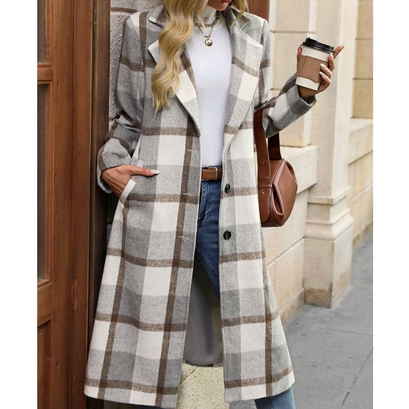 Classic Plaid Print Button Pockets Long Jacket Coat - Picture 5 of 12